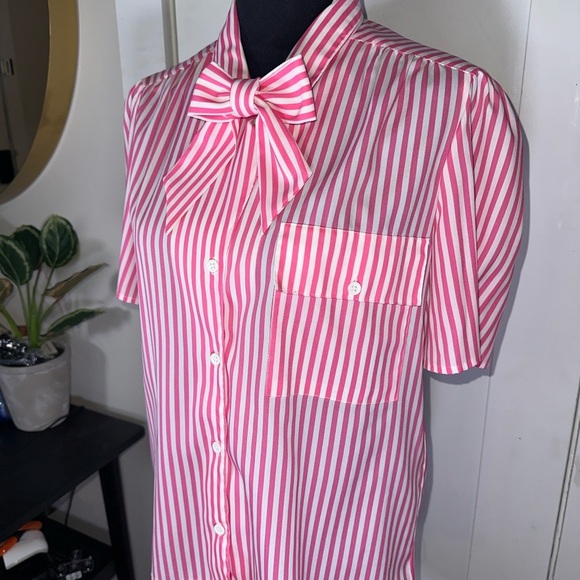 VINTAGE Pink and White Striped Blouse with Bow - Picture 3 of 8